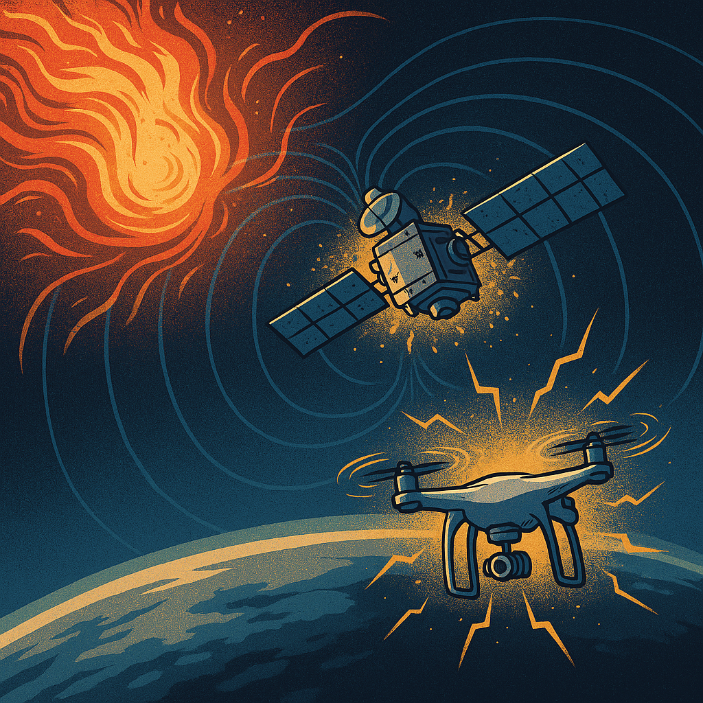 Esquema de tormenta geomagnética afectando a drones y señal GPS